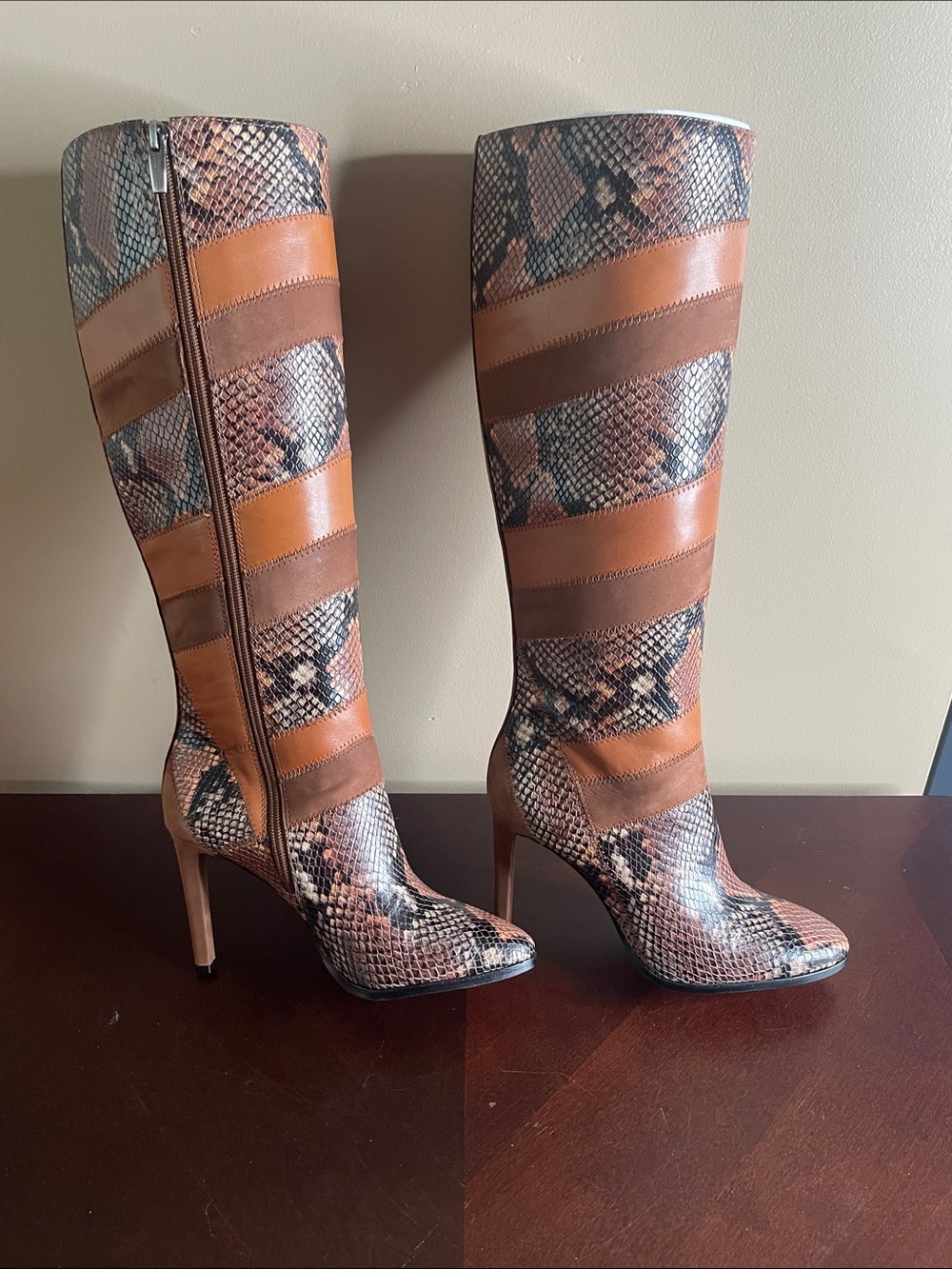 Vince Camuto Brown Snake-Print & Leather Knee-High Stiletto Boots